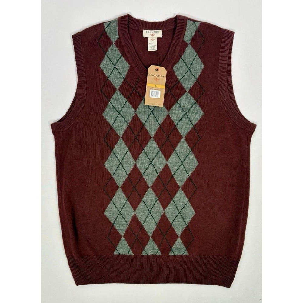DOCKERS Men's S Burgundy & Gray Easy‎ Care Argyle V-Neck Soft Sweater Vest